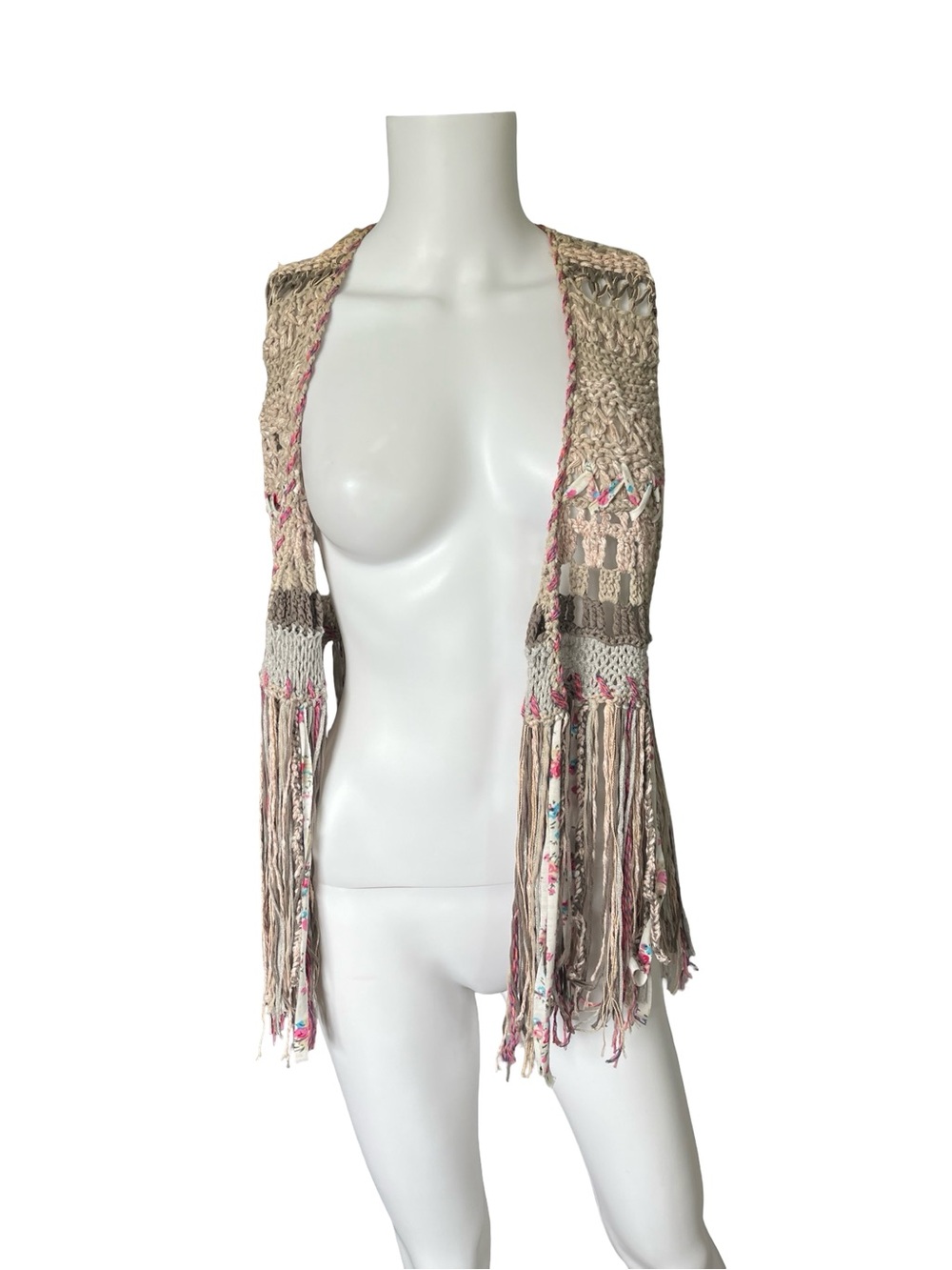 Free People Boho Open Knit Sweater Vest Fringe Festival Summer Womens Size Small